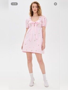 Fanm Mon Pink Puff-Sleeve Bow Front Mini Dress
